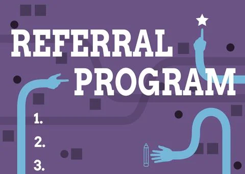 Hand writing sign Referral Program. Word for internal recruitment method Illustrazione stock