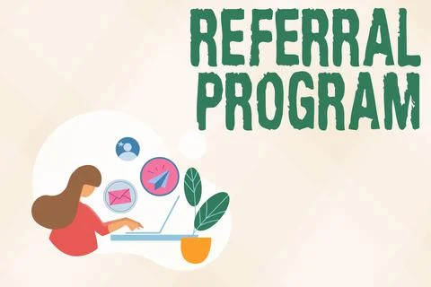 Hand writing sign Referral Program. Business concept sending own patient to Illustrazione stock