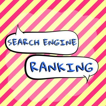 Hand writing sign Search Engine Ranking. Word for Rank at which site appears in Stock Illustration