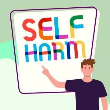 Hand writing sign Self Harm. Word Written on state of health and well-being and Illustrazione stock