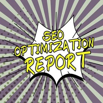 Hand writing sign Seo Optimization Report. Business overview process of Stock Illustration
