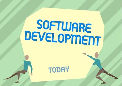 Hand writing sign Software Development. Business overview software is created Illustrazione stock