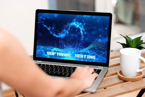 Hand writing sign Software Testing. Business idea activity to check whether the Stock Illustration