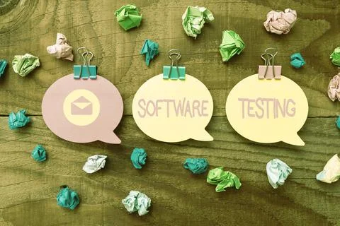 Hand writing sign Software Testing. Concept meaning investigation provide Stock Photos