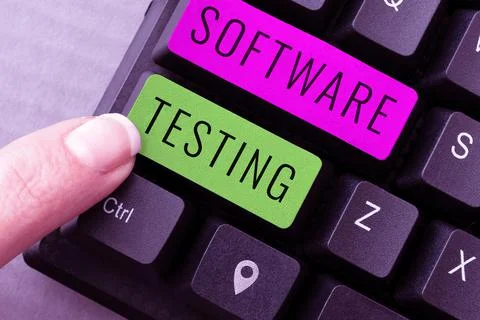 Hand writing sign Software Testing. Word for activity to check whether the Stock-Fotos