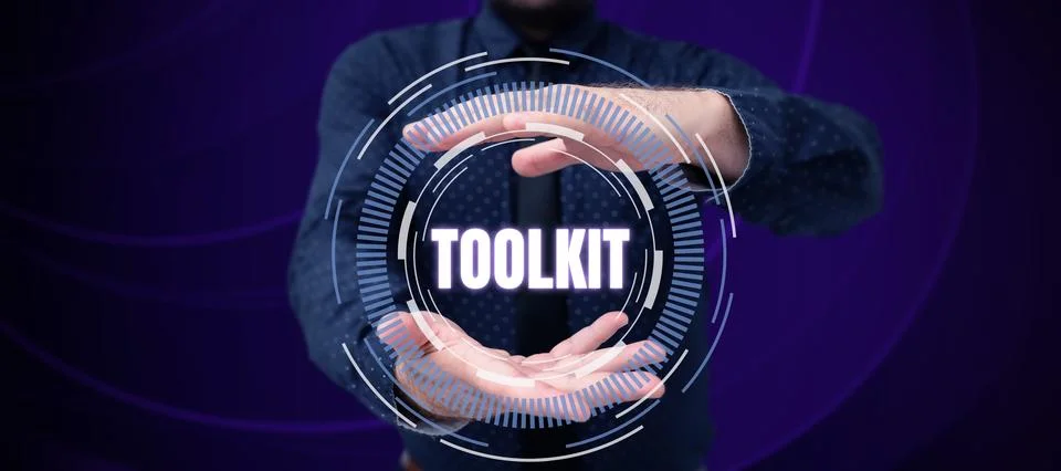 Hand writing sign Toolkit. Concept meaning set of tools kept in a bag or box and Stock Photos