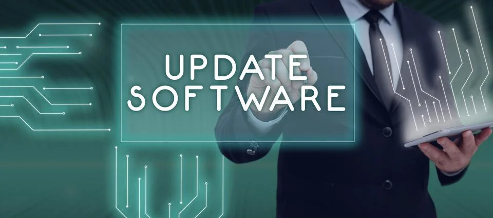 Hand writing sign Update Softwarereplacing program with a newer version of same Stock Photos