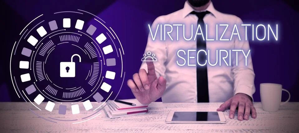 Hand writing sign Virtualization Security. Business showcase application of Foto stock
