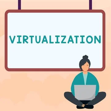Hand writing sign Virtualization. Word for application of virtual environment to Stock Illustration