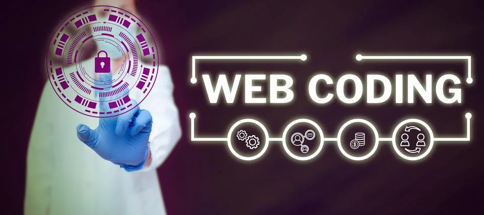 Hand writing sign Web Coding. Business idea work involved in developing a web Stock Photos