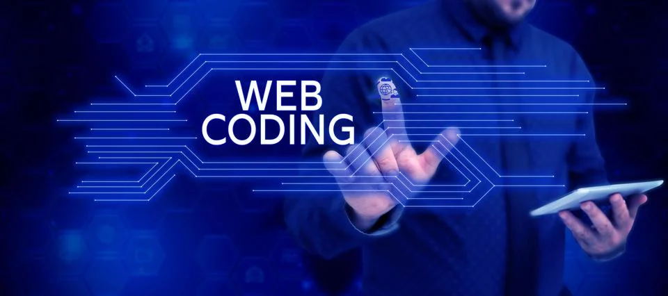 Hand writing sign Web Coding. Word Written on work involved in developing a web Stock Photos