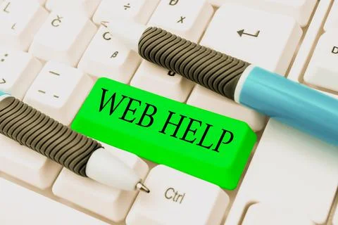 Hand writing sign Web Help. Word for procedural or reference information Stock Photos