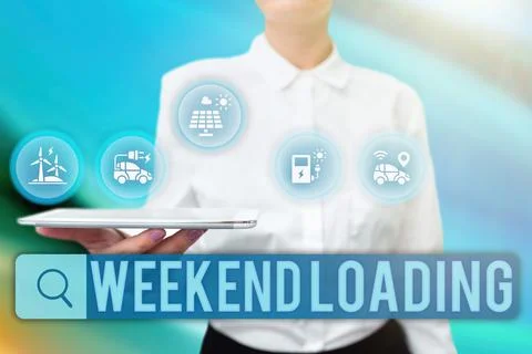 Hand writing sign Weekend Loading. Business approach Starting Friday party relax 스톡 사진