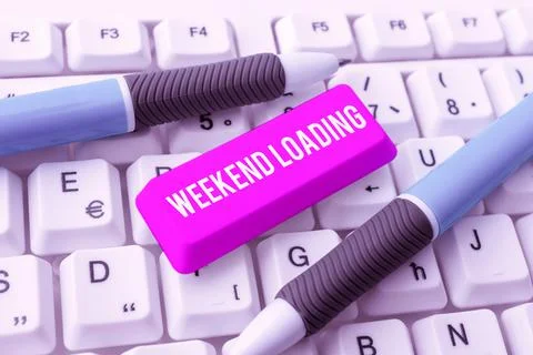 Hand writing sign Weekend Loading. Word Written on Starting Friday party relax 스톡 사진