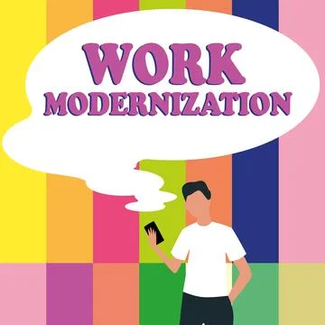 Hand writing sign Work Modernization. Business showcase changing product service Illustrazione stock