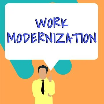 Hand writing sign Work Modernization. Business showcase changing product service Illustrazione stock