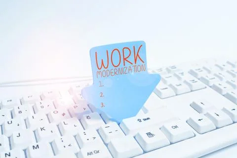 Hand writing sign Work Modernization. Concept meaning changing product service Foto stock