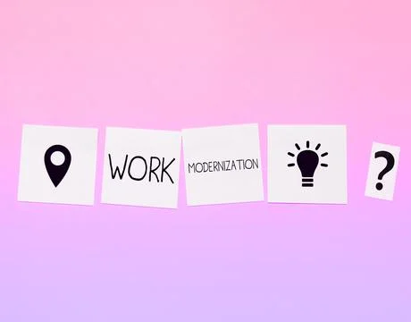 Hand writing sign Work Modernization. Business overview changing product service Foto stock