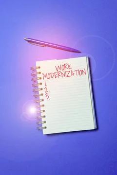 Hand writing sign Work Modernization. Business showcase changing product service Stockfoto's