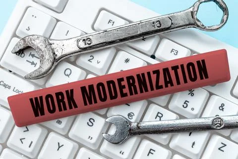 Hand writing sign Work Modernization. Business concept changing product service Stock Photos