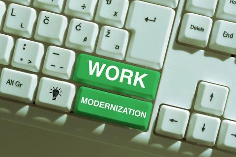 Hand writing sign Work Modernization. Word for changing product service and Foto stock