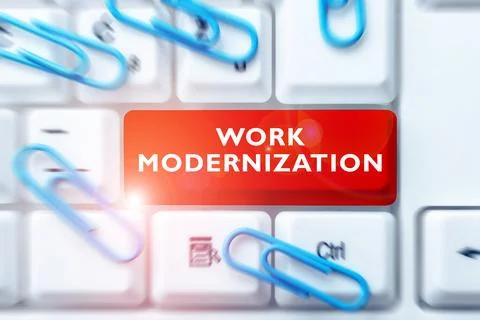 Hand writing sign Work Modernization. Business idea changing product service and 스톡 사진