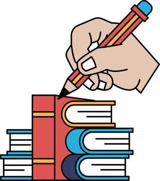 A hand is writing on a stack of books 스톡 일러스트