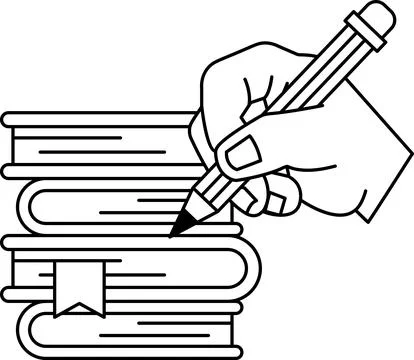 A hand is writing on a stack of books Illustrazione stock