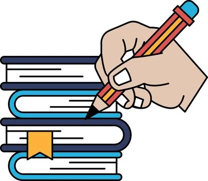 A hand is writing on a stack of books with a pencil 스톡 일러스트