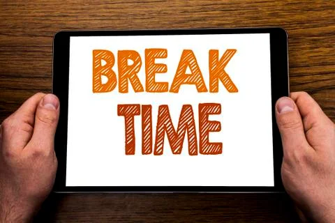 Hand writing text caption Break Time. Business concept for Stop Pause From Wo Foto stock