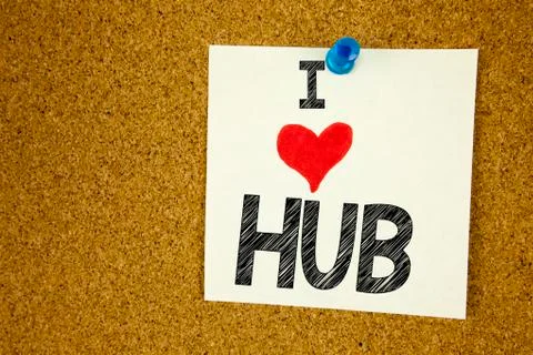 Hand writing text caption inspiration showing I Love HUB concept meaning HUB  스톡 사진