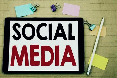 Hand writing text caption inspiration showing Social Media. Business concept  Stock Photos