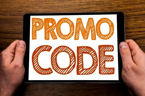 Hand writing text caption Promo Code. Business concept for Promotion for Onli 스톡 사진