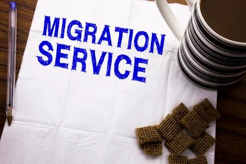 Hand writing text caption showing Migration Service. Business concept for Onl Foto stock