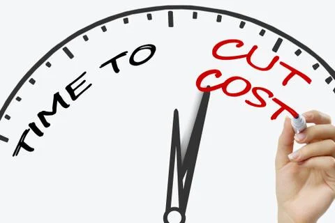 Hand writing Time to Cut Cost concept with red marker on transparent wipe board Stock Photos