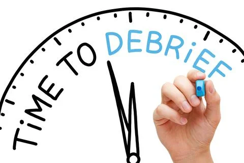 Hand Writing Time To Debrief Clock Concept Stock Photos