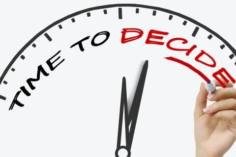 Hand writing time to decide concept with red marker on transparent wipe board Stock Photos