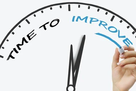 Hand writing time to improve concept with blue marker on transparent wipe board Stock Photos