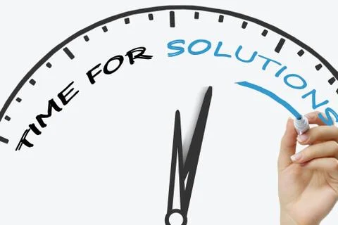 Hand writing Time For Solutions concept with blue marker on transparent wipe Stock Photos