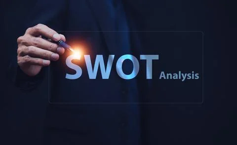 Hand writing on visual screen for SWOT Analysis concept. Strengths, weaknesse Stock Photos