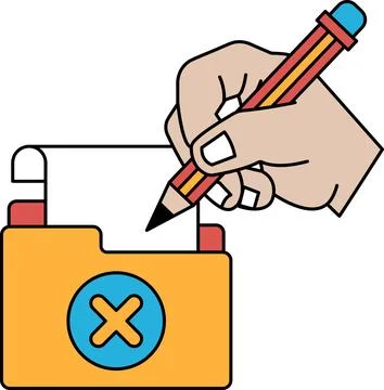 A hand is writing on a yellow folder with a pencil Stock Illustration
