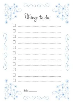 Hand writng Things to do list in blue flower frame, check boxes with lines, v Stock Illustration