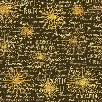 Hand-written calligraphy exotic fruit names background on sunburst shapes Stock Illustration