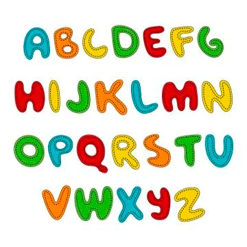 Hand written display colored font, Kid style. ABC. Stitched, patched, sewed Stock Illustration