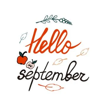 Hand written hello september lettering with decor Stock Illustration