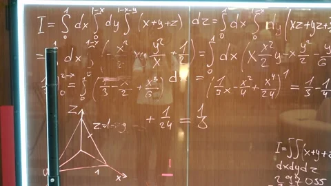 Hand written math formula on illuminated transparent glass board Stock Footage 145363969