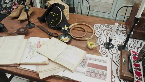 Hand-written papers on an antique table close view Stock Footage 221710958