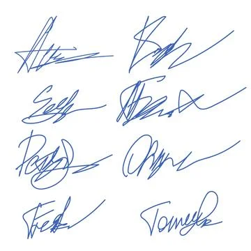 Hand written signature. Different example signatures isolated in white Stock Illustration