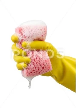 Hand in yellow glove squeezing soapy sponge, cleaning concept PSD Template