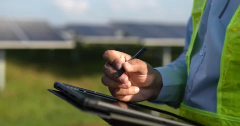 Hand of young engineer man use digital pen write on tablet while checking  Stock Footage 224231891